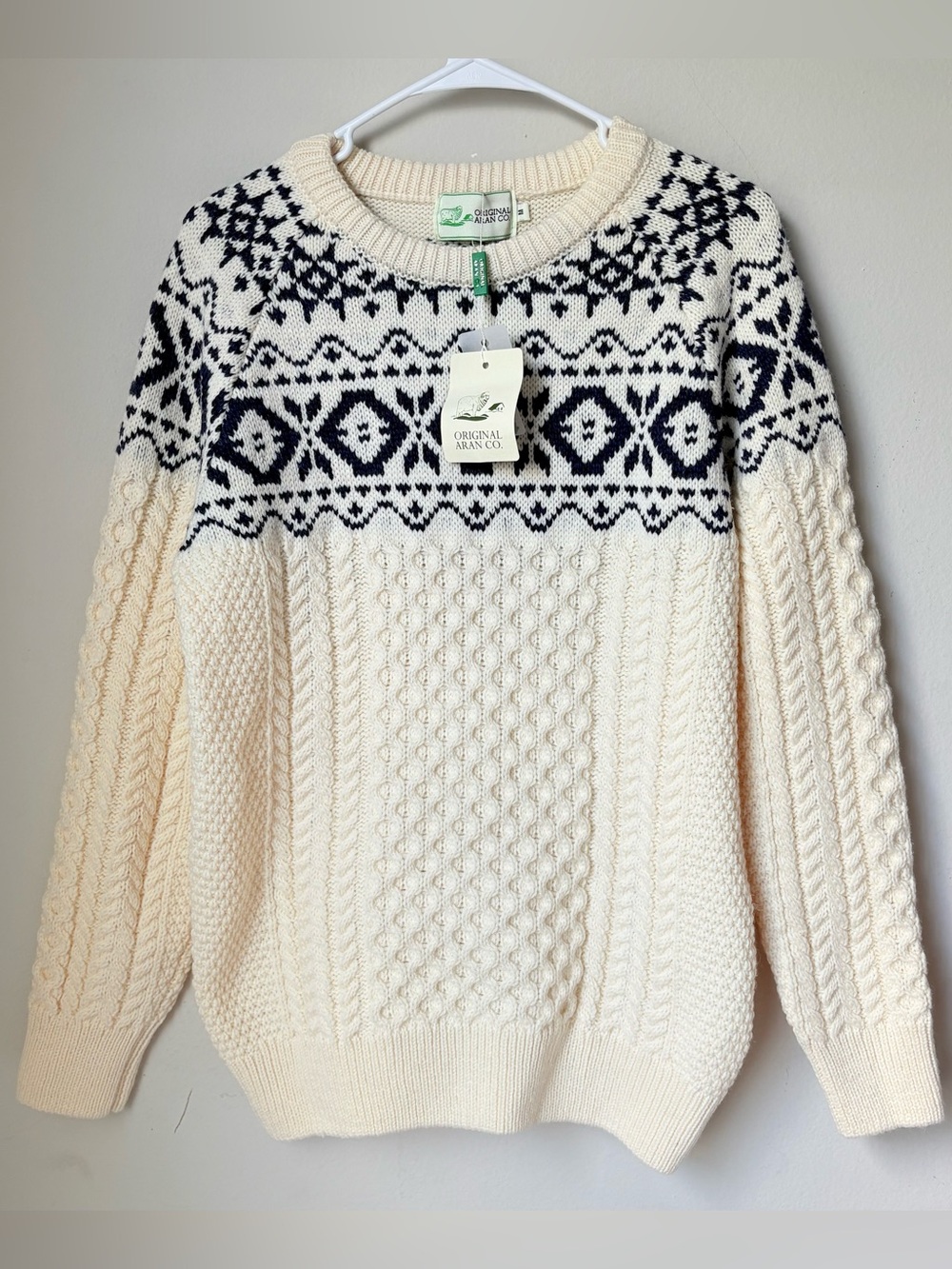 Original Aran Co Women Fair Isle Crew Neck Aran Sweater M cream  100% Merino woo